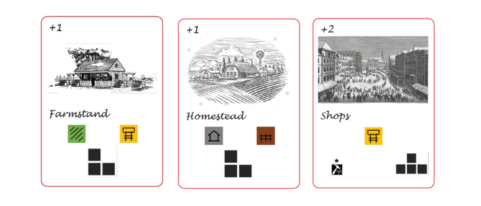 Image of multiple Pest House settlement card prototypes. 