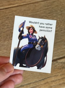 Picker of a female antibiotic steward recommending a dose of penicillin. 